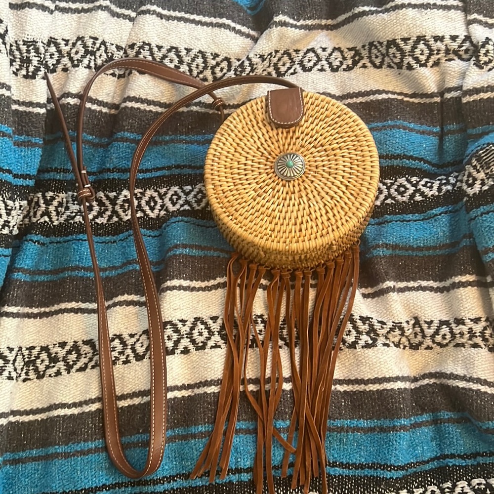 Shyanne basket bag with leather fringe and Conch Turquoise detail